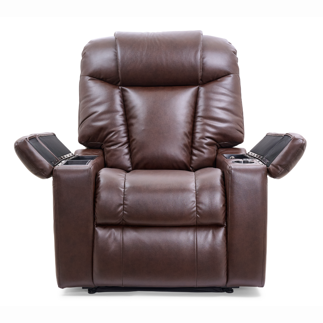 The Golden Tech Rhea PR442 MaxiComfort Recliner with Lift Assist & HeatWave is a brown plush chair featuring a 4-Zone Comfort Zone, padded armrests, cup holders, and USB charging port, set against a plain white background.